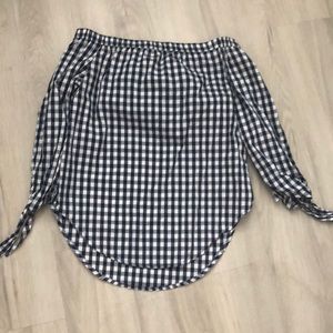 Off the shoulder navy and white top